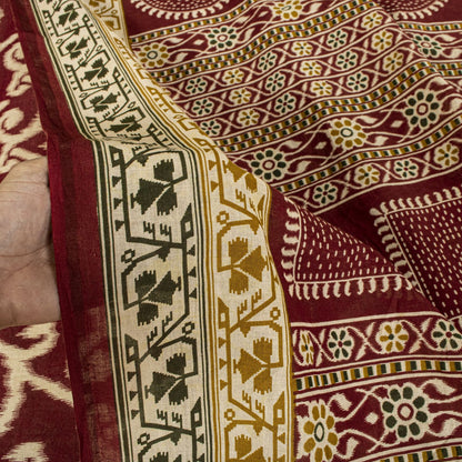 Sanskriti Vintage Saree Red 100% Pure Cotton Ikat-Jamdani Print Sari 5+YD Craft Fabric