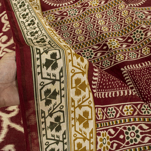 Sanskriti Vintage Saree Red 100% Pure Cotton Ikat-Jamdani Print Sari 5+YD Craft Fabric