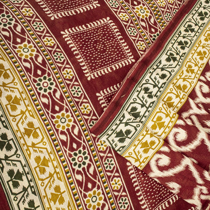 Sanskriti Vintage Saree Red 100% Pure Cotton Ikat-Jamdani Print Sari 5+YD Craft Fabric