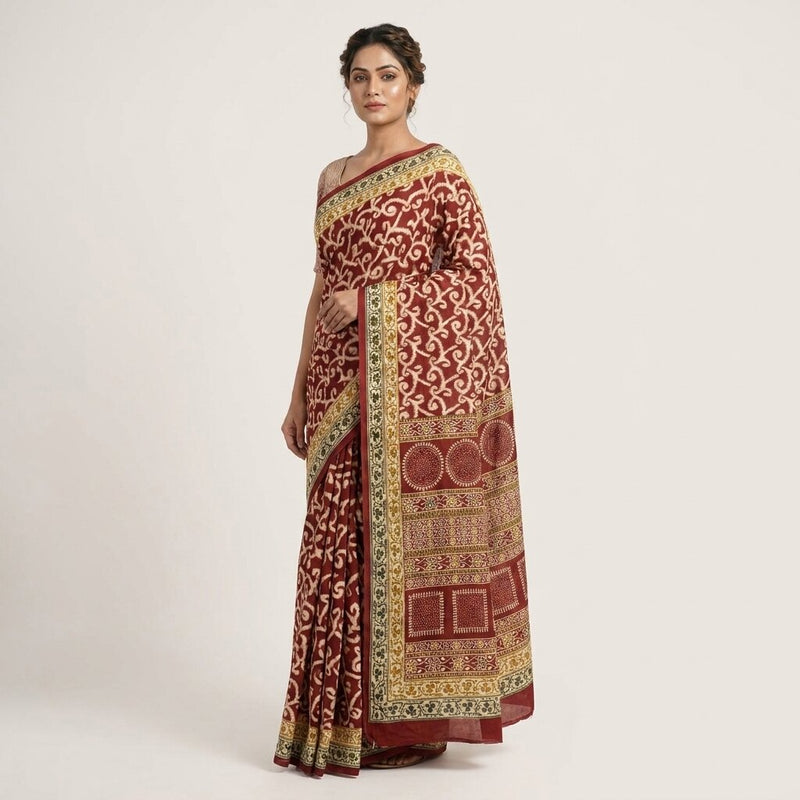 Sanskriti Vintage Saree Red 100% Pure Cotton Ikat-Jamdani Print Sari 5+YD Craft Fabric