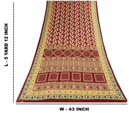Sanskriti Vintage Saree Red 100% Pure Cotton Ikat-Jamdani Print Sari 5+YD Craft Fabric