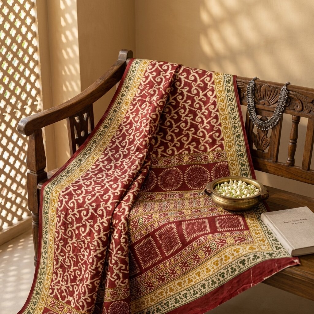Sanskriti Vintage Saree Red 100% Pure Cotton Ikat-Jamdani Print Sari 5+YD Craft Fabric