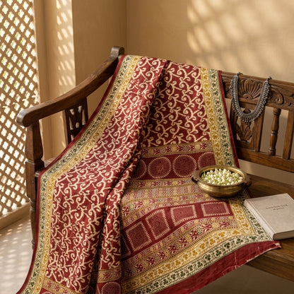 Sanskriti Vintage Saree Red 100% Pure Cotton Ikat-Jamdani Print Sari 5+YD Craft Fabric