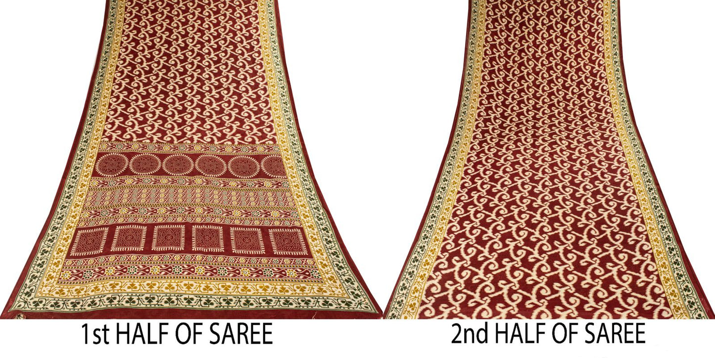 Sanskriti Vintage Saree Red 100% Pure Cotton Ikat-Jamdani Print Sari 5+YD Craft Fabric