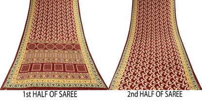 Sanskriti Vintage Saree Red 100% Pure Cotton Ikat-Jamdani Print Sari 5+YD Craft Fabric