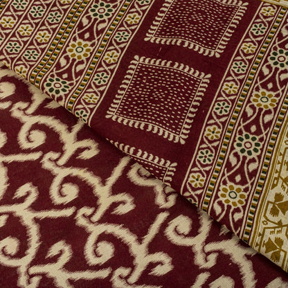 Sanskriti Vintage Saree Red 100% Pure Cotton Ikat-Jamdani Print Sari 5+YD Craft Fabric