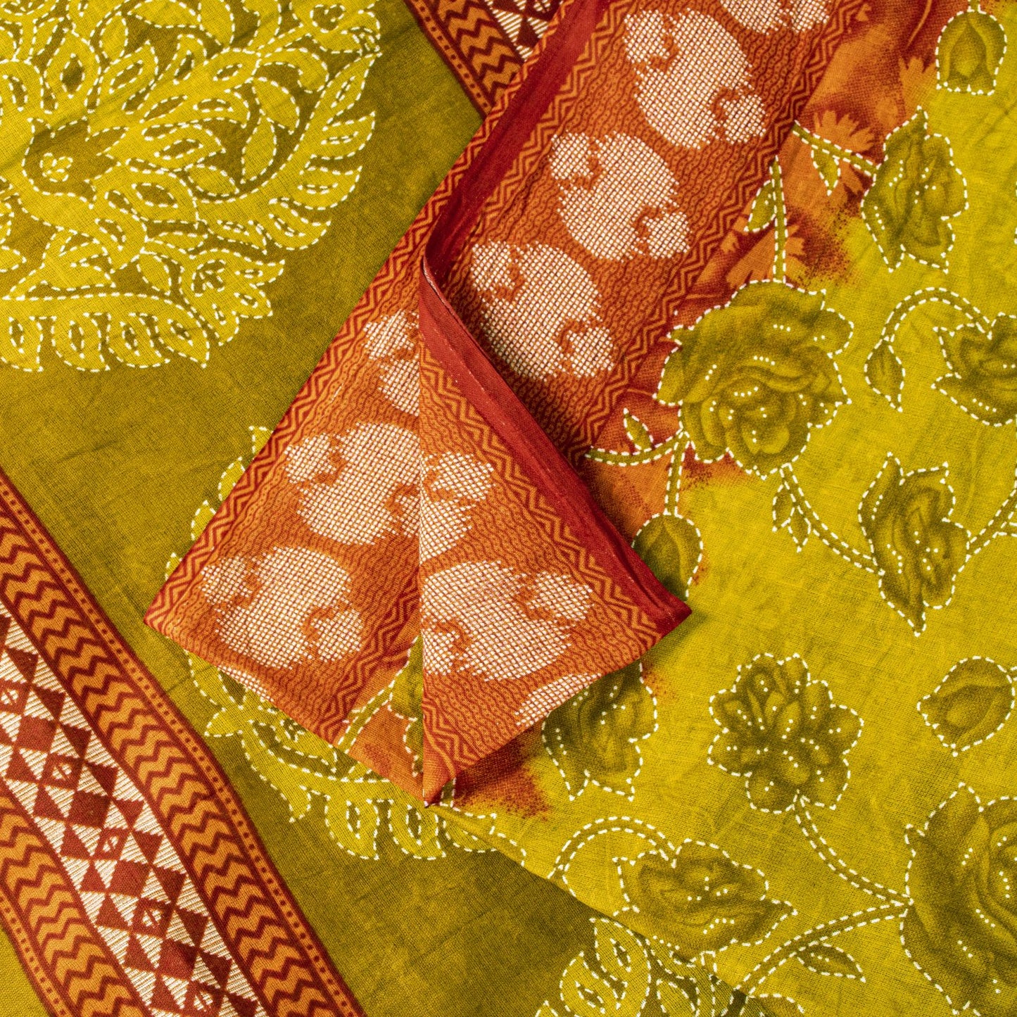 Sanskriti Vintage Saree Yellow Pure Cotton Kantha Floral Print Sari 5.5YD Fabric