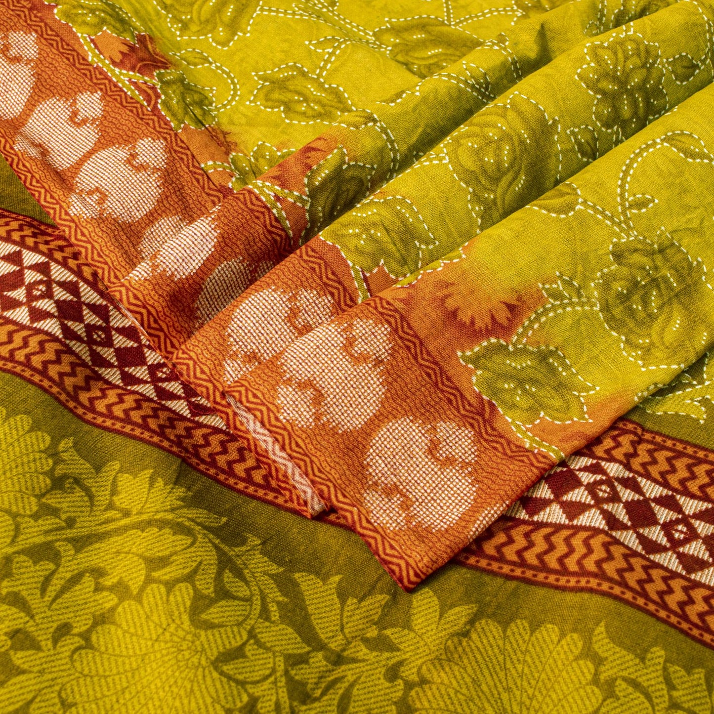 Sanskriti Vintage Saree Yellow Pure Cotton Kantha Floral Print Sari 5.5YD Fabric