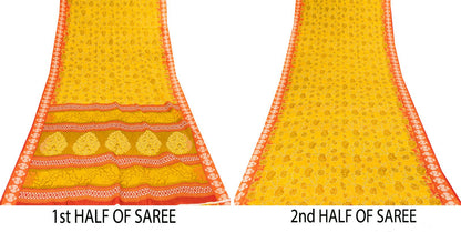 Sanskriti Vintage Saree Yellow Pure Cotton Kantha Floral Print Sari 5.5YD Fabric