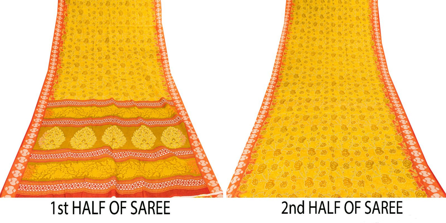 Sanskriti Vintage Saree Yellow Pure Cotton Kantha Floral Print Sari 5.5YD Fabric