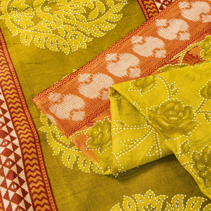 Sanskriti Vintage Saree Yellow Pure Cotton Kantha Floral Print Sari 5.5YD Fabric