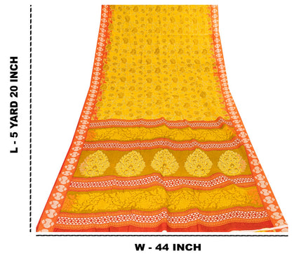 Sanskriti Vintage Saree Yellow Pure Cotton Kantha Floral Print Sari 5.5YD Fabric