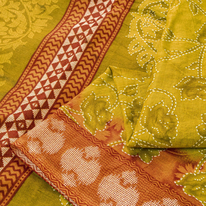 Sanskriti Vintage Saree Yellow Pure Cotton Kantha Floral Print Sari 5.5YD Fabric