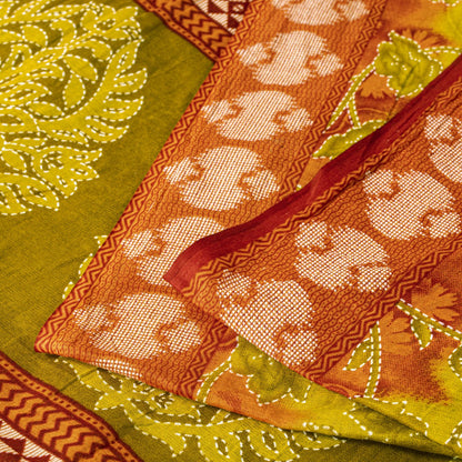 Sanskriti Vintage Saree Yellow Pure Cotton Kantha Floral Print Sari 5.5YD Fabric