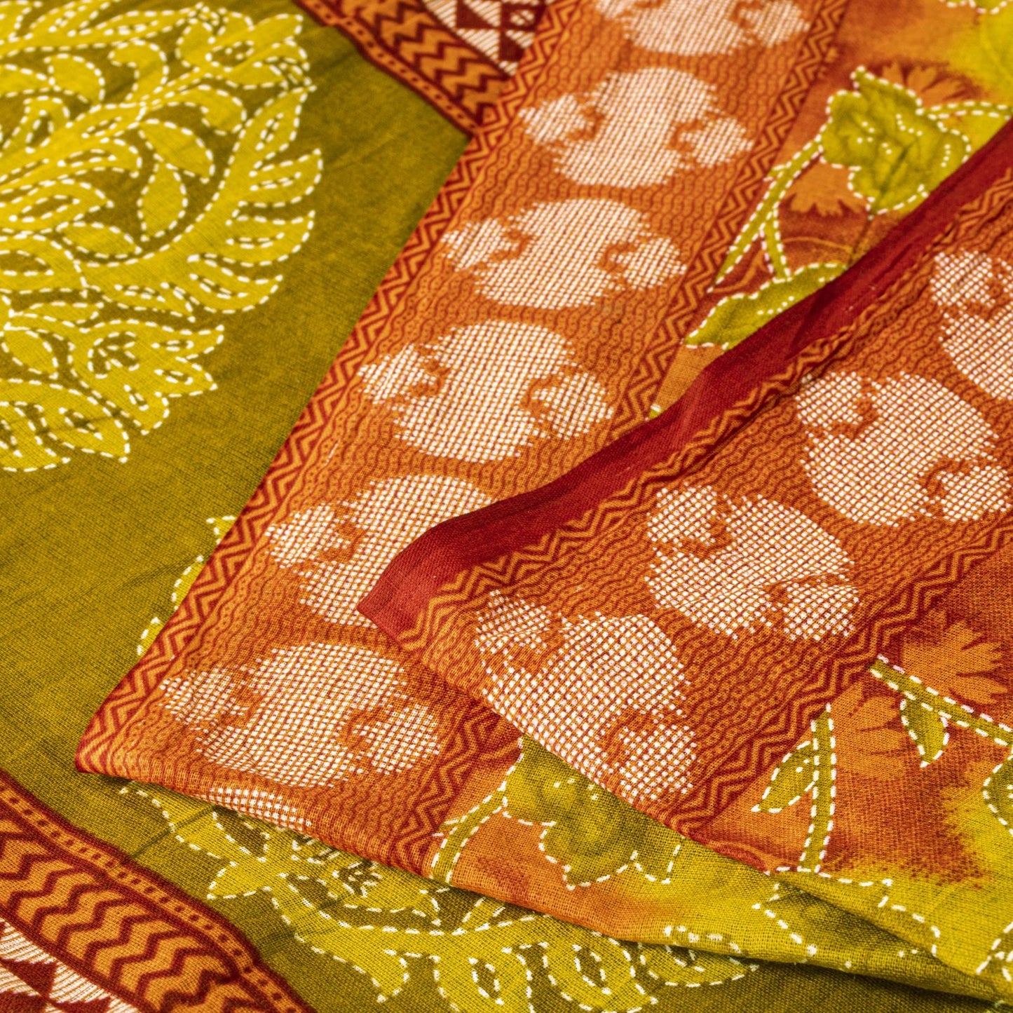 Sanskriti Vintage Saree Yellow Pure Cotton Kantha Floral Print Sari 5.5YD Fabric