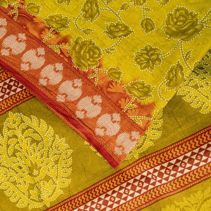 Sanskriti Vintage Saree Yellow Pure Cotton Kantha Floral Print Sari 5.5YD Fabric