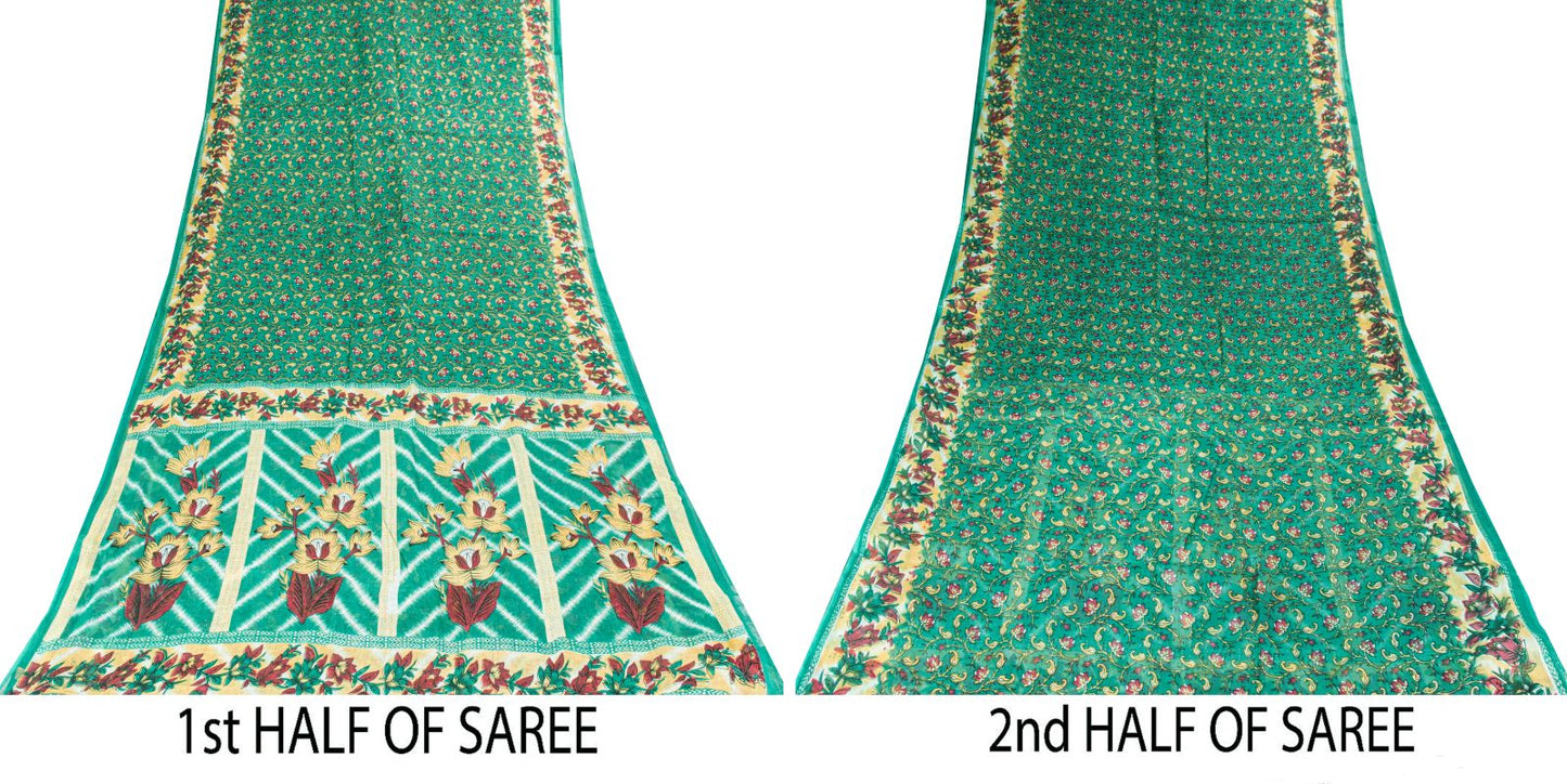 Sanskriti Vintage Saree Green Soft Pure Cotton Digital Printed Sari 5+YD Fabric