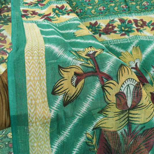 Sanskriti Vintage Saree Green Soft Pure Cotton Digital Printed Sari 5+YD Fabric