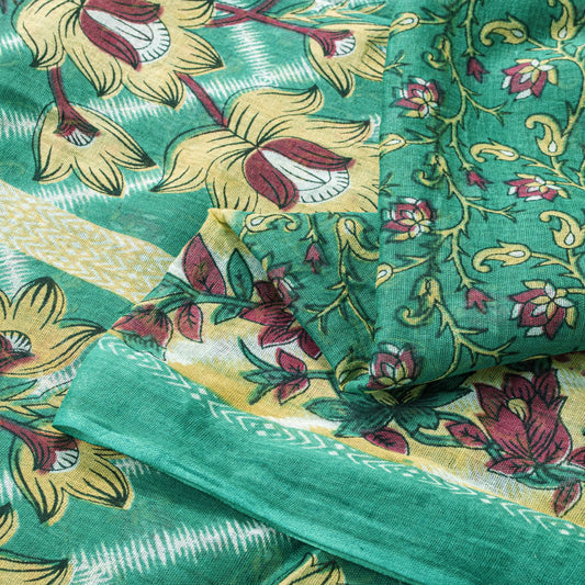 Sanskriti Vintage Saree Green Soft Pure Cotton Digital Printed Sari 5+YD Fabric