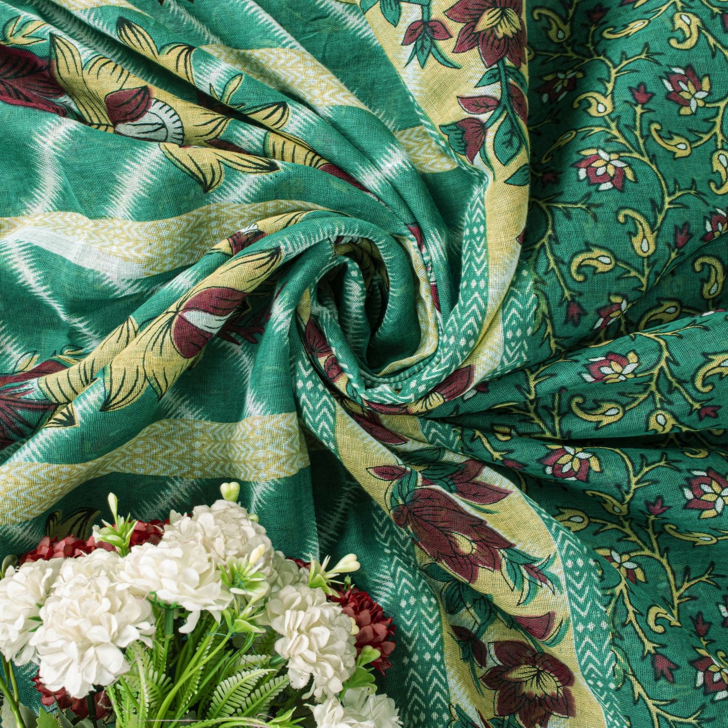 Sanskriti Vintage Saree Green Soft Pure Cotton Digital Printed Sari 5+YD Fabric
