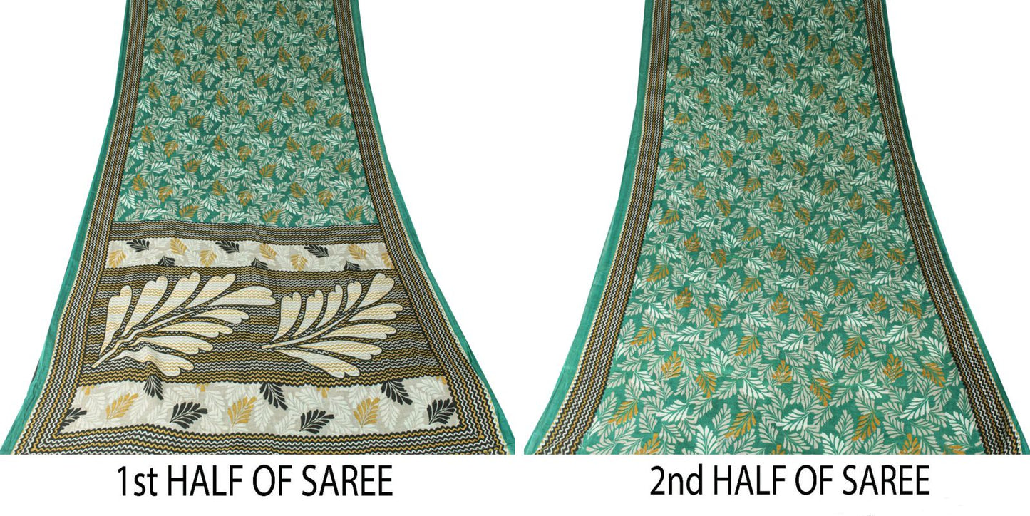 Sanskriti Vintage Saree Green Soft Pure Cotton Leaf Printed Sari 5+YD Fabric