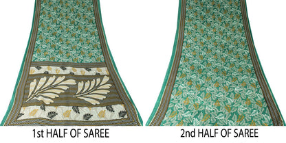 Sanskriti Vintage Saree Green Soft Pure Cotton Leaf Printed Sari 5+YD Fabric
