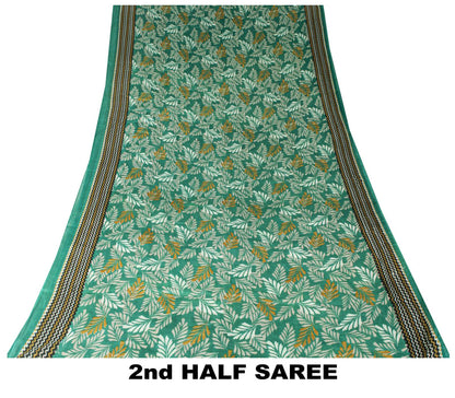 Sanskriti Vintage Saree Green Soft Pure Cotton Leaf Printed Sari 5+YD Fabric