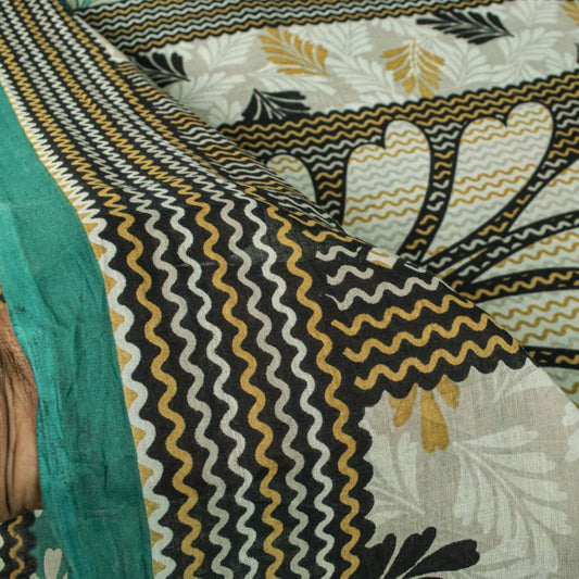 Sanskriti Vintage Saree Green Soft Pure Cotton Leaf Printed Sari 5+YD Fabric