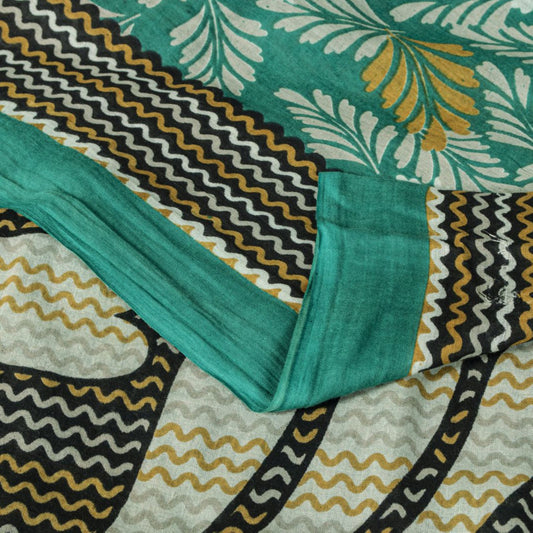 Sanskriti Vintage Saree Green Soft Pure Cotton Leaf Printed Sari 5+YD Fabric
