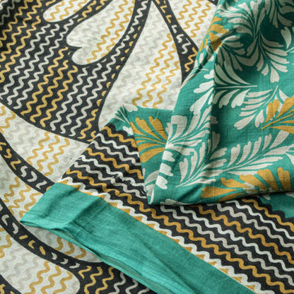 Sanskriti Vintage Saree Green Soft Pure Cotton Leaf Printed Sari 5+YD Fabric
