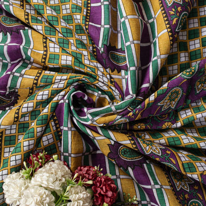 Sanskriti Vintage Saree Green Soft Pure Cotton Geometric Paisley Print Sari 5YD