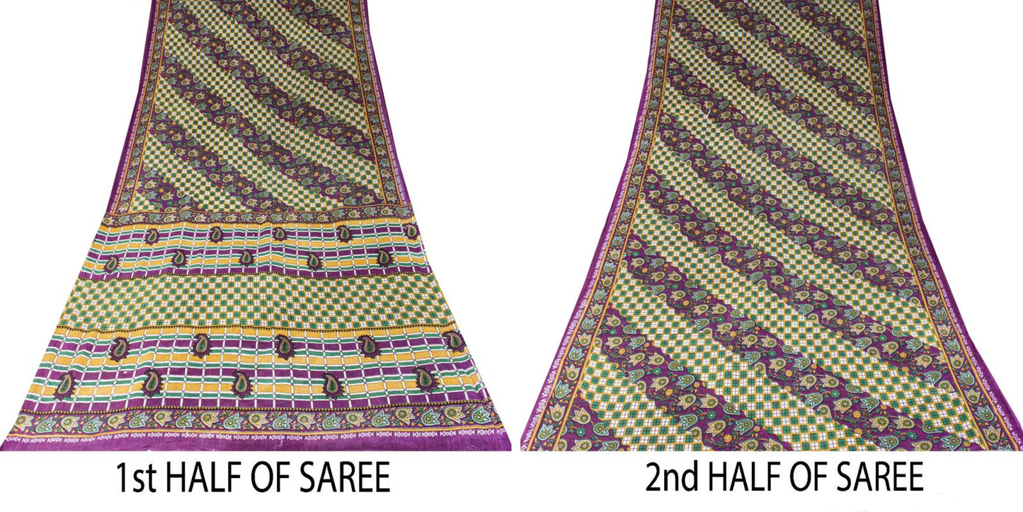 Sanskriti Vintage Saree Green Soft Pure Cotton Geometric Paisley Print Sari 5YD