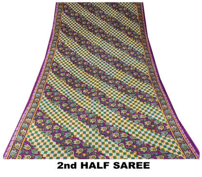 Sanskriti Vintage Saree Green Soft Pure Cotton Geometric Paisley Print Sari 5YD