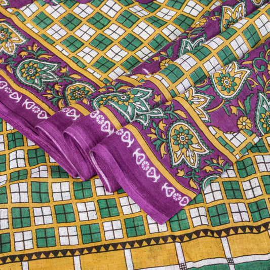 Sanskriti Vintage Saree Green Soft Pure Cotton Geometric Paisley Print Sari 5YD