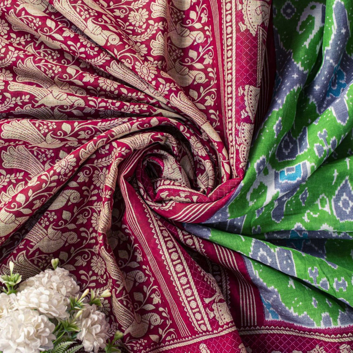Sanskriti Vintage Saree Green Pure Cotton Ikat Printed Peacock Sari 5+YD Fabric