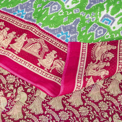 Sanskriti Vintage Saree Green Pure Cotton Ikat Printed Peacock Sari 5+YD Fabric