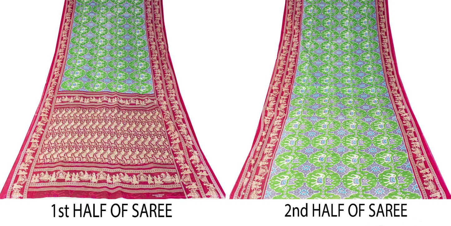 Sanskriti Vintage Saree Green Pure Cotton Ikat Printed Peacock Sari 5+YD Fabric