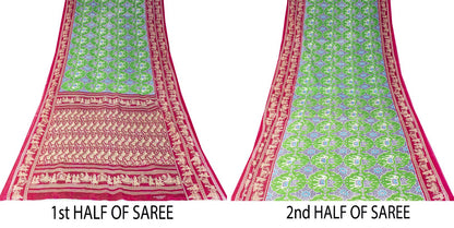 Sanskriti Vintage Saree Green Pure Cotton Ikat Printed Peacock Sari 5+YD Fabric