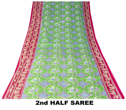 Sanskriti Vintage Saree Green Pure Cotton Ikat Printed Peacock Sari 5+YD Fabric