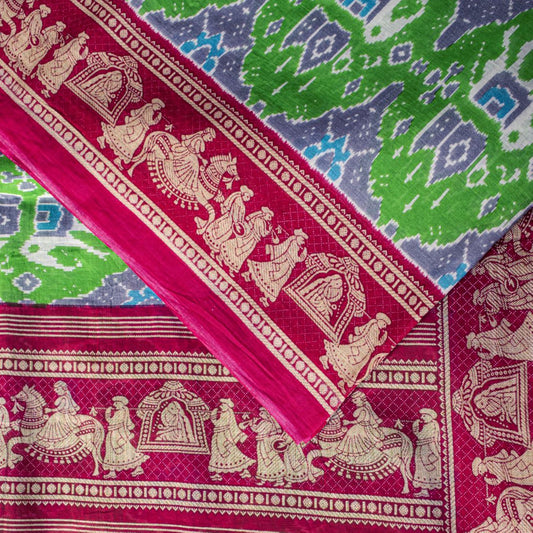 Sanskriti Vintage Saree Green Pure Cotton Ikat Printed Peacock Sari 5+YD Fabric