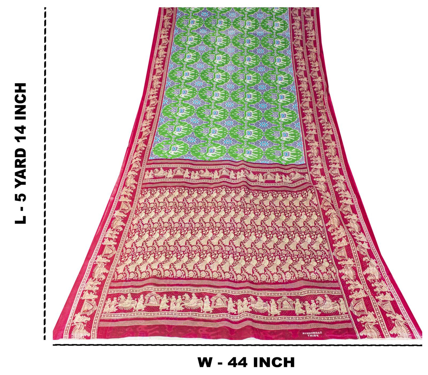 Sanskriti Vintage Saree Green Pure Cotton Ikat Printed Peacock Sari 5+YD Fabric