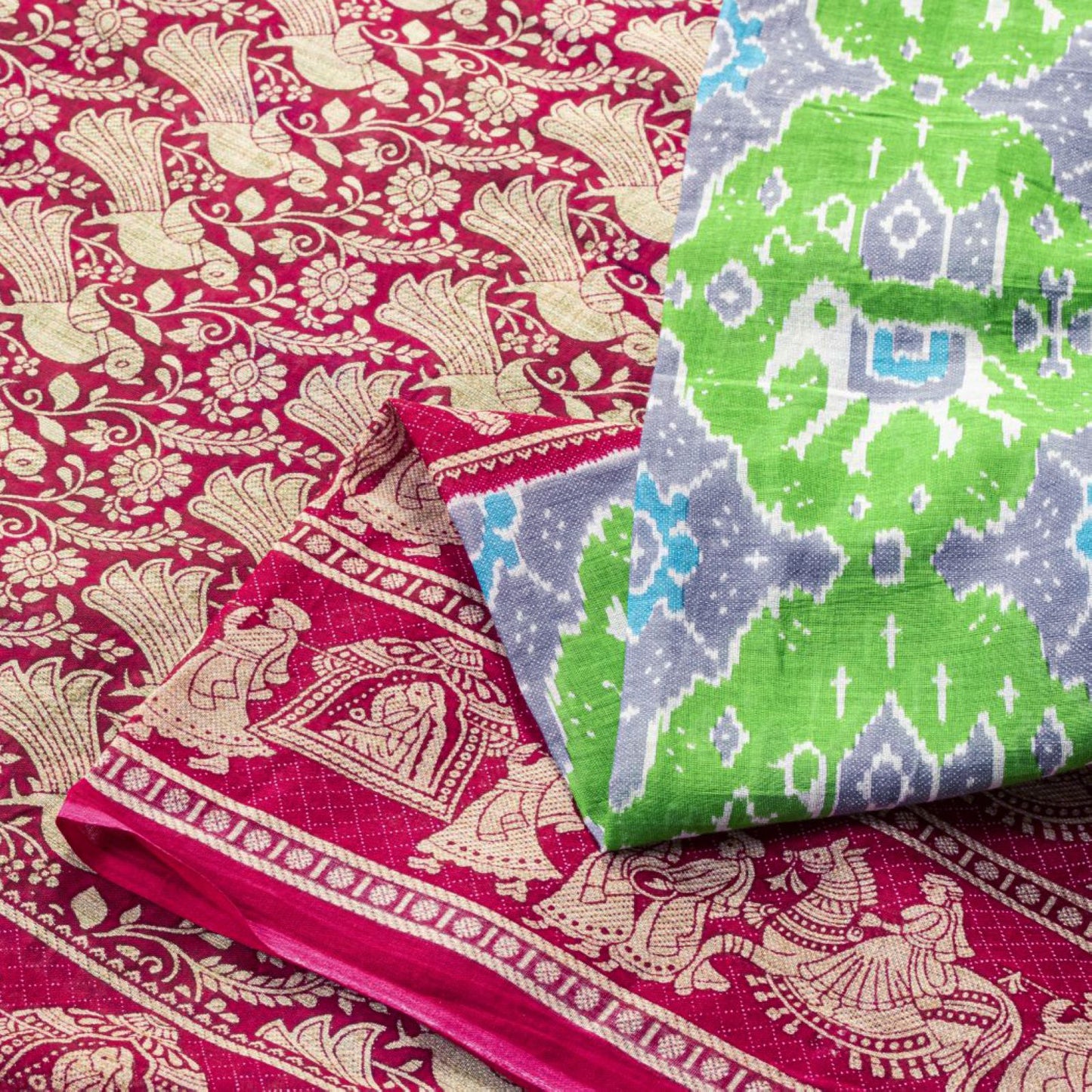 Sanskriti Vintage Saree Green Pure Cotton Ikat Printed Peacock Sari 5+YD Fabric