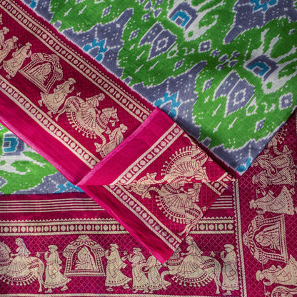 Sanskriti Vintage Saree Green Pure Cotton Ikat Printed Peacock Sari 5+YD Fabric