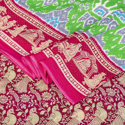 Sanskriti Vintage Saree Green Pure Cotton Ikat Printed Peacock Sari 5+YD Fabric