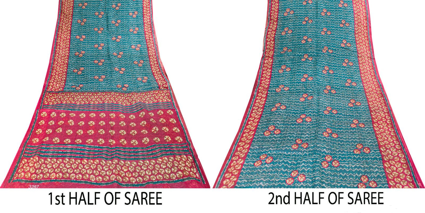 Sanskriti Vintage Saree Blue Pure Cotton Batik Print Traditional Sari 5YD Fabric