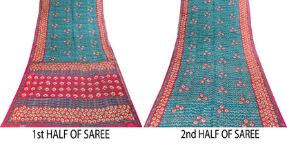 Sanskriti Vintage Saree Blue Pure Cotton Batik Print Traditional Sari 5YD Fabric