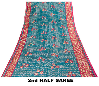 Sanskriti Vintage Saree Blue Pure Cotton Batik Print Traditional Sari 5YD Fabric