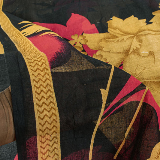 Sanskriti Vintage Saree Black Pure Cotton Craft Fabric Digital Print 5.5 Yd Sari