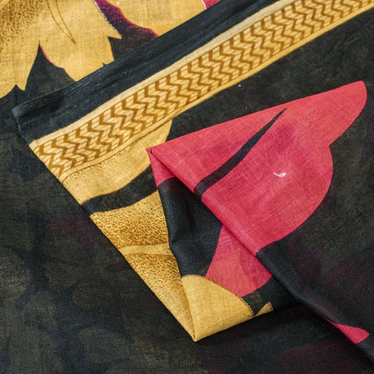 Sanskriti Vintage Saree Black Pure Cotton Craft Fabric Digital Print 5.5 Yd Sari