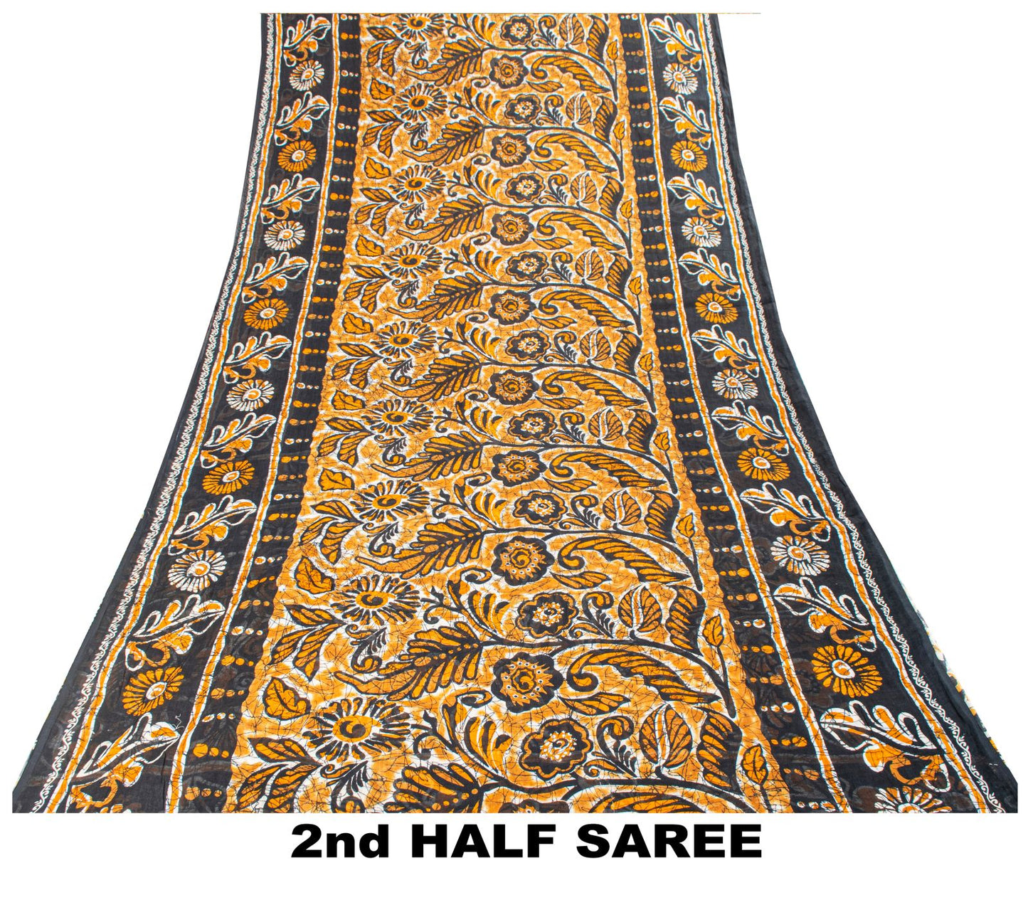 Sanskriti Vintage Black Saree Craft Fabric Pure Cotton Floral Batik Printed Sari
